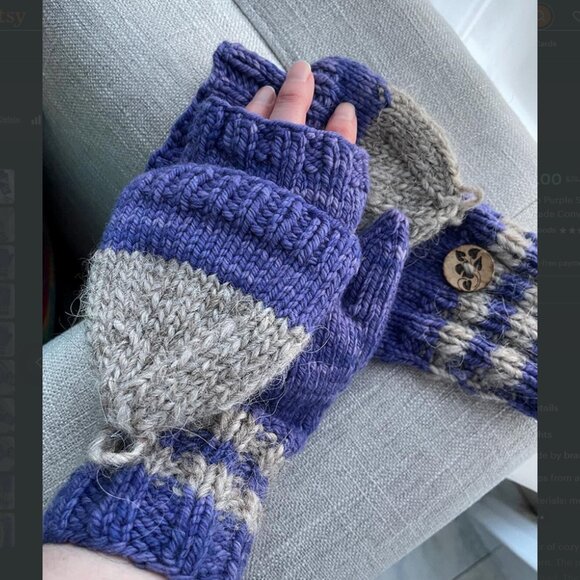 Flip-Top Purple Sock Mitts Wool Knit Mittens Handmade Convertible Half Mitts - Picture 6 of 10